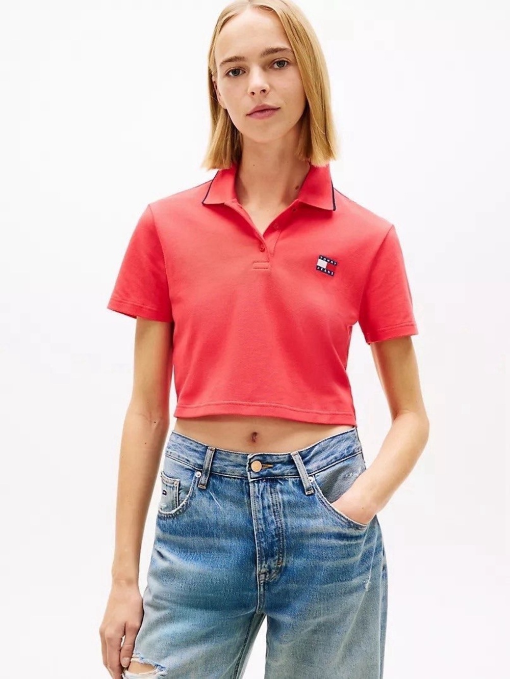 Tommy Hilfiger Coral Cropped Polo Top